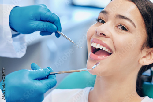 Dental tools, dentist and portrait of woman for teeth whitening, service and consultation. Healthcare, dentistry and orthodontist with equipment for patient for oral hygiene, wellness and cleaning