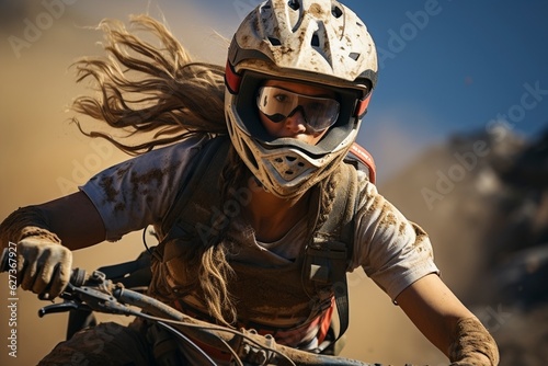 Front view at female downhill mountainbiker