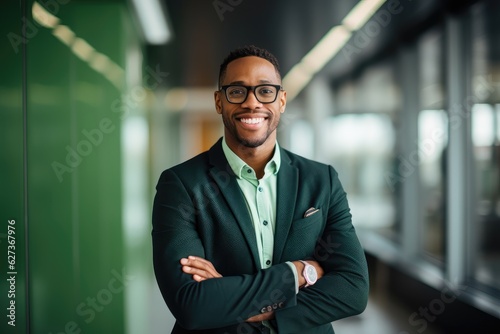 portrait of smiling black man in glasses in an office, generative artificial intelligence