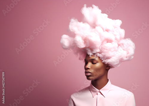 Fashion surreal Concept. Portrait of stunning handsome man with pastel pink hair like cotton candy clouds in shirt. illuminated with dynamic composition and dramatic lighting   © Sandra Chia