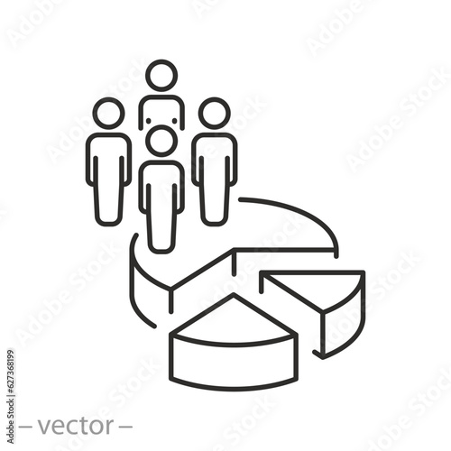 icon of pie chart with people, proportion of the population, quantity and percentage human, thin line symbol - editable stroke vector illustration