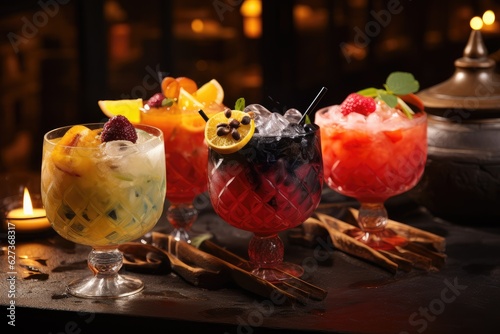  several cocktails with alcohol fruits and nuts, generative artificial intelligence