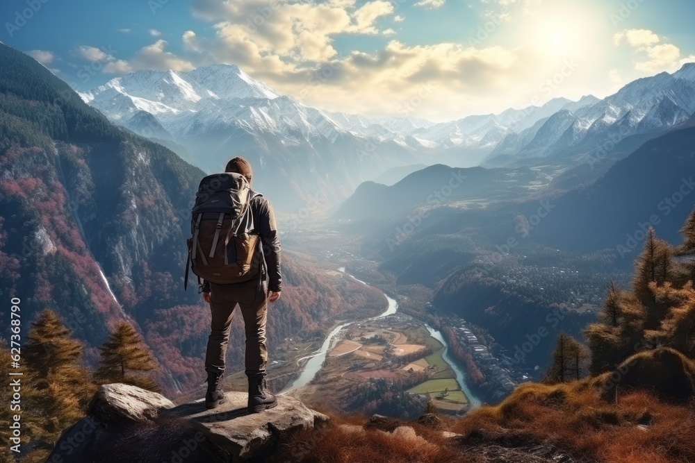 Fototapeta premium Young hiker with backpack in mountains
