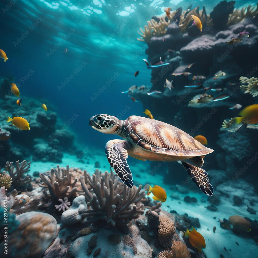 Fototapeta premium turtle in an underwater paradise, with colorful coral reefs, tropical fish and crystal clear blue waters.