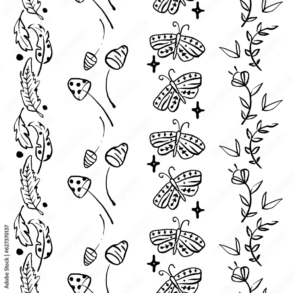 Hand Drawn Botanical Shapes Vector Seamless Vertical Borders Set