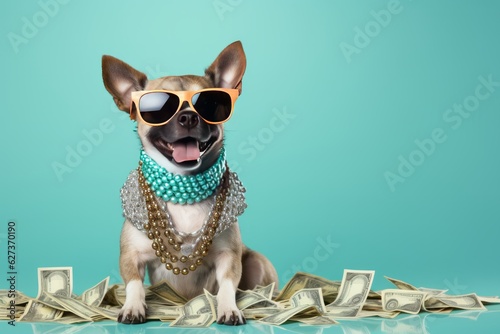 Cool rich successful hipster dog with sunglasses and cash money. Blue background