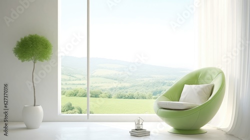 A white room with a sofa and a green landscape window. Generative ai