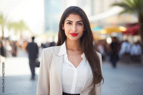 Middle Eastern businesswoman portrait on a busy city street