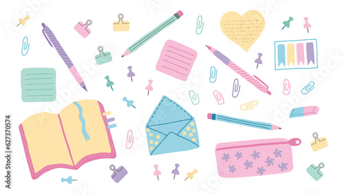 Stationery, school supplies. Student equipment. Cartoon doodle style. Back to school. Trendy modern vector illustration isolated on white, hand drawn, flat
