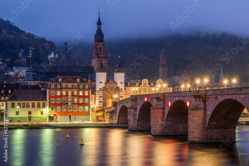 Heidelberg old town and Old Bridge at night