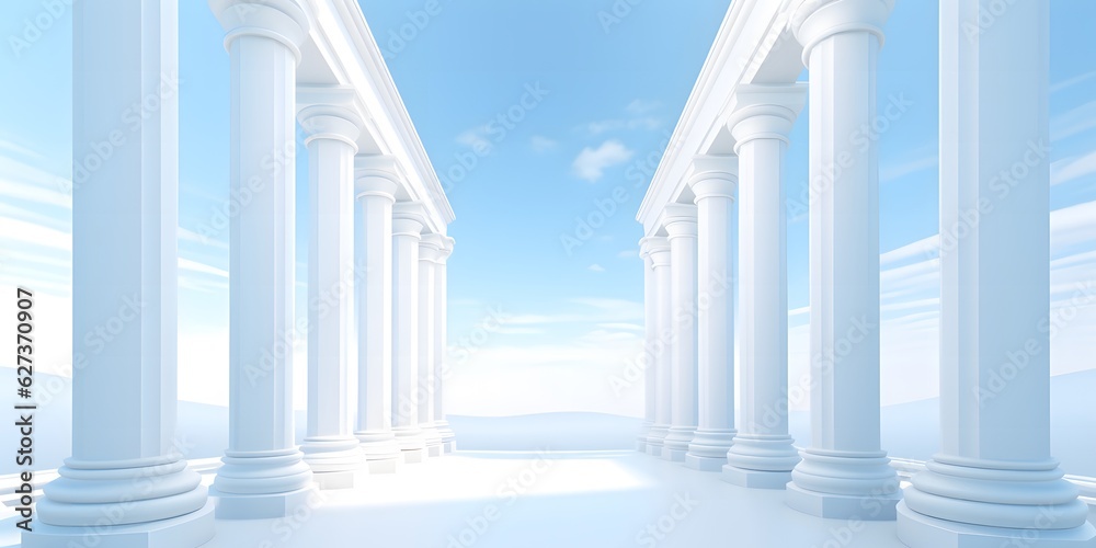 Beautiful airy widescreen minimalistic white and light blue architectural background banner with tilted columns Beautiful airy widescreen minimalistic white and light blue architectural background banner with tilted columns