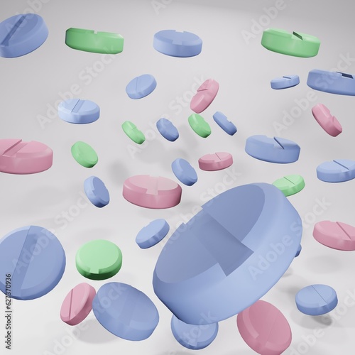 lots of pills floating around. White background