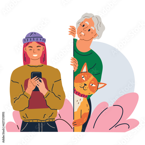 Curious old lady gossip listen overhear and spy out corner, adult character with cat peeps. Searching, observing woman secretly looking out from wall listening to phone conversation of young girl