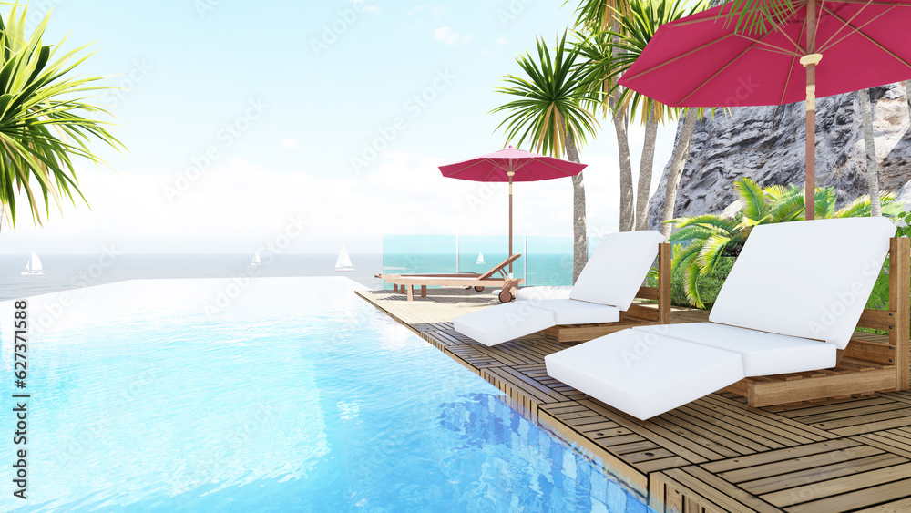 Holiday villa pool. Lounge chair on terrace near swimming pool. Top view of pool and lounge area. Tropical vacation concept. 