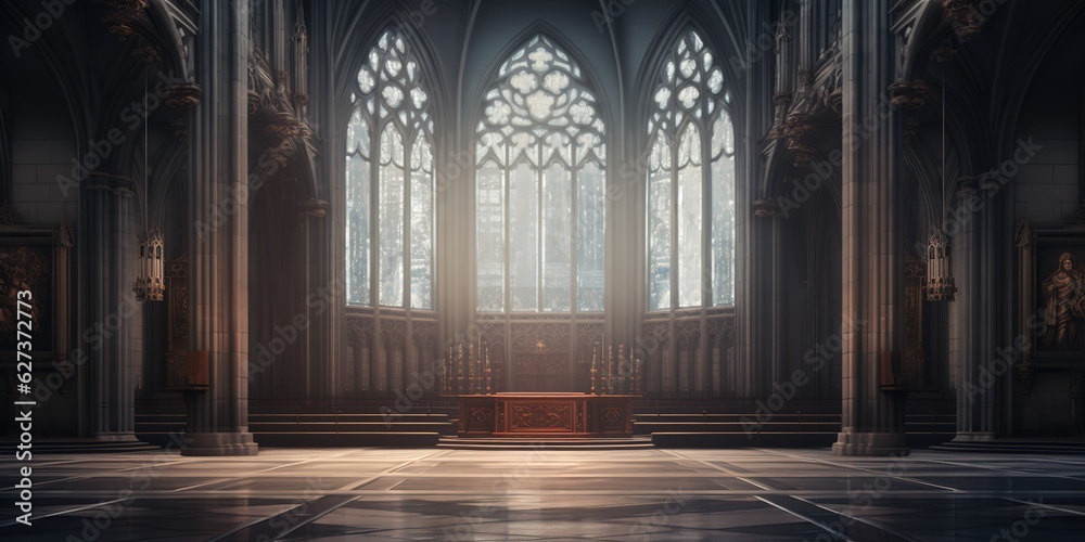 set of a fairytale empty cathedral background for theater stage scene