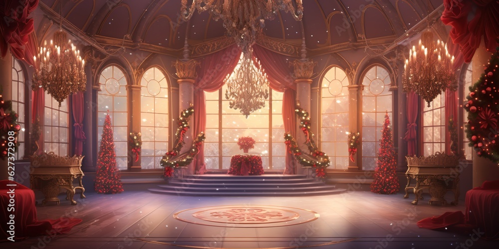Christmas set of a fairytale ballroom in the king's castle background for theater stage scene - obrazy, fototapety, plakaty 