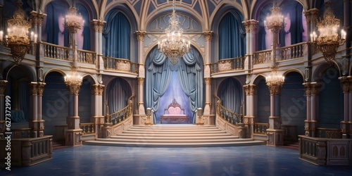 set of a fairytale ballroom in the king's castle background for theater stage scene