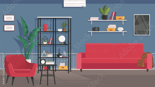 Home office interior. Vector illustration. Designer architect workplace office interior Online career Workspace Home office interior Stylish home or studio workplace of student Coworking space