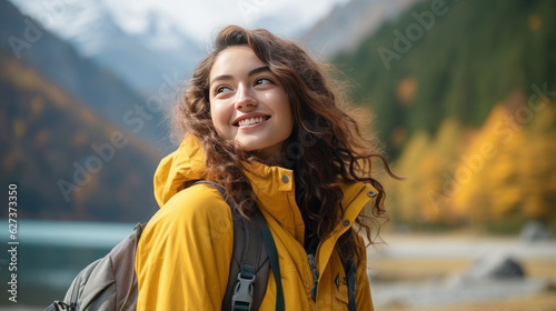smile of tourist woman Looking Up tourist attraction moutains lake. 