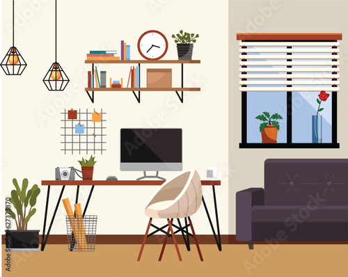 Home office interior. Vector illustration. Freelance and convenient job concept Business workspace in room interior Work from home, distant work, freelance, work online Designer architect workplace