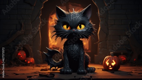  Halloween black cat in front of a burning fireplace. Halloween concept. 