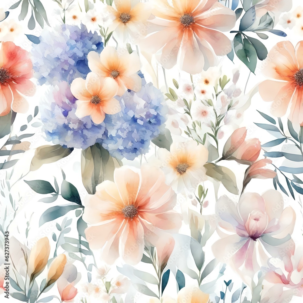 seamless pattern ,  light watercolor, outside of flower shop, bright, white background, few details, dreamy, watercolor, a bouquet of flowers, 