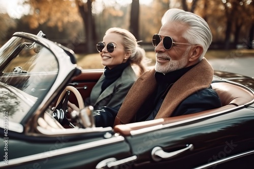 Wealthy couple in classic convertible luxury car, rich elder lifestyle