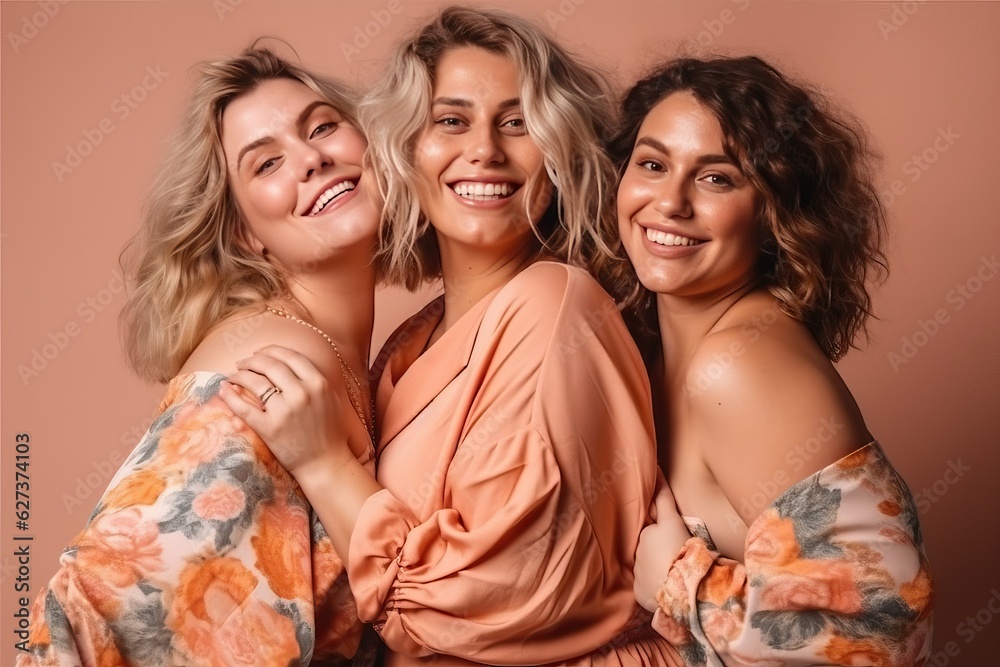 Body positive concept, happy woman friend posing