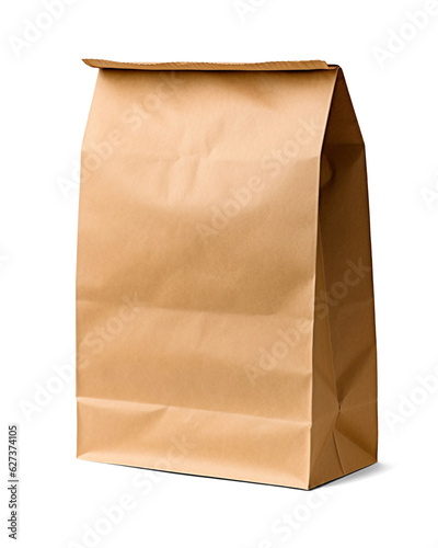 Brown paper lunch bag isolated on transparent or white background, png