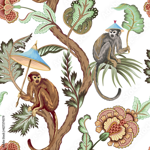 Chinese monkey with umbrella seamless pattern. Chinoiserie floral wallpaper.
