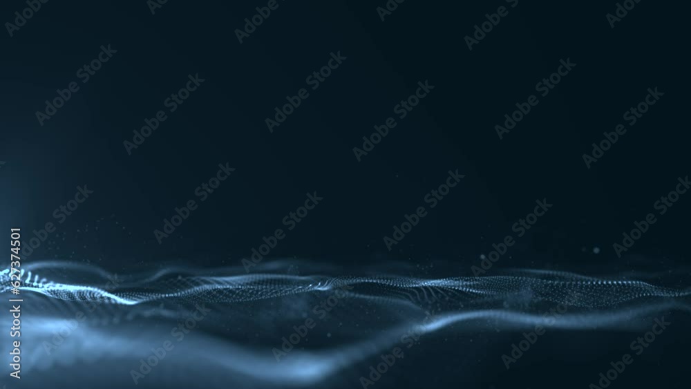 abstract futuristic wave background with particles, slow motion glowing particles on black background, seamless 4k loop animation