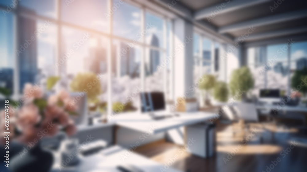 Blurred workplace with cityscape, office in morning or afternoon, interior for AI generated business presentation background Blurred workplace with cityscape, office in morning or afternoon, interior for AI generated business presentation background
