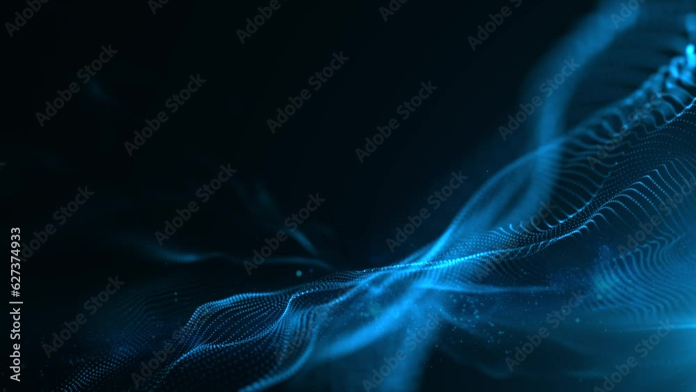 abstract futuristic technology wave background with particles, slow motion blue glowing particles on black background, seamless 4k loop animation