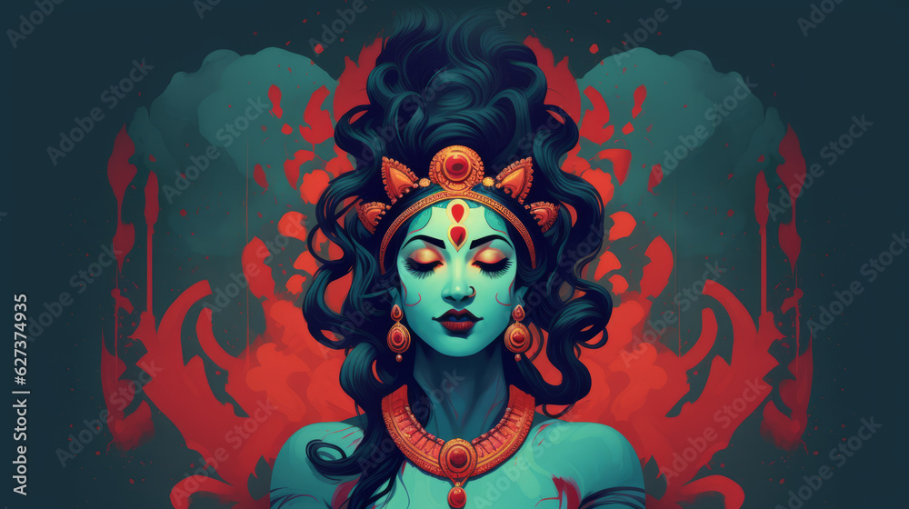 Modern cartoon depiction of Hindu goddess Kali, embracing femininity, women's empowerment, yoga spirituality concept.