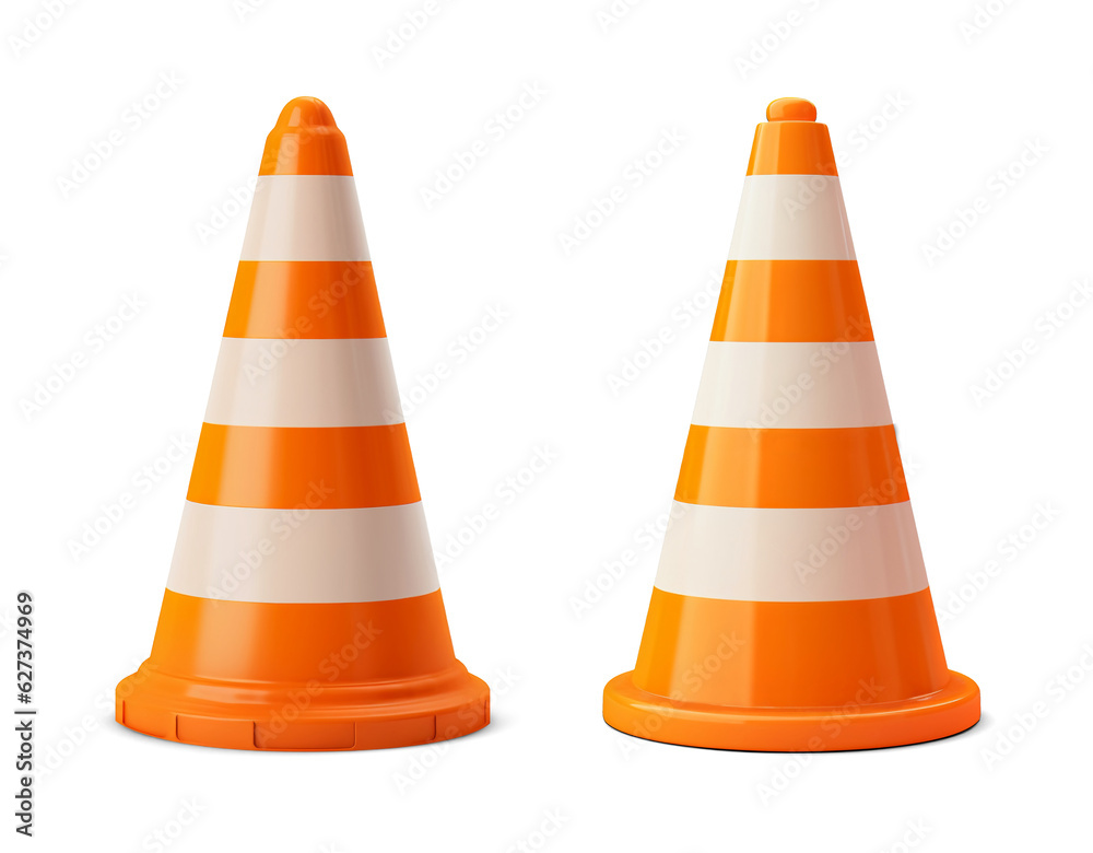 Set of two traffic cones isolated on transparent or white background, png