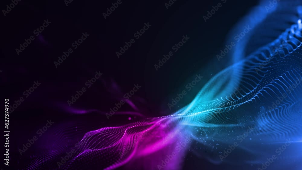 abstract futuristic technology wave background with particles, slow motion bright neon glowing particles on black background, seamless 4k loop animation