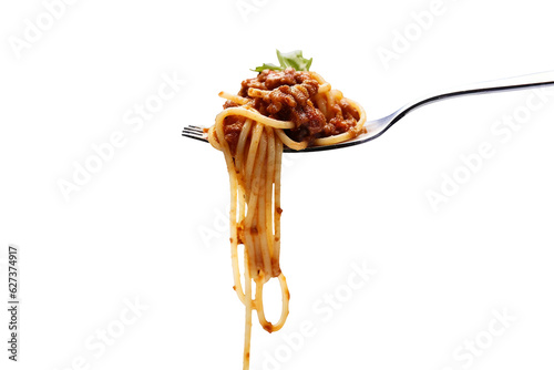 Fototapete Spaghetti with sauce bolognese hanging on a fork isolated on transparent or whit