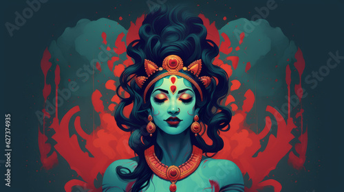 Modern cartoon depiction of Hindu goddess Kali, embracing femininity, women's empowerment, yoga spirituality concept.