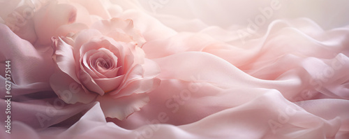 Rose flower on a draped soft pink silk fabric.
