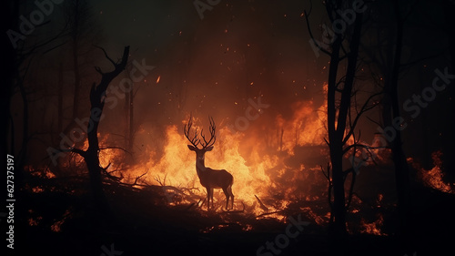 destruction of forest fires Wild animals fleeing an environment devastated by global warming. generative AI