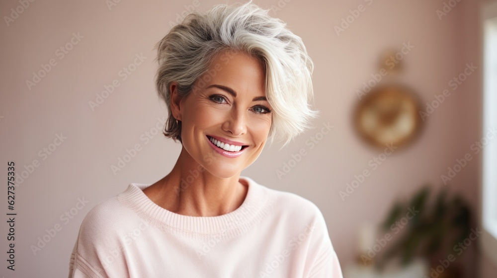 Middle aged smiling woman with bright diffuse background. Made with Generative AI.