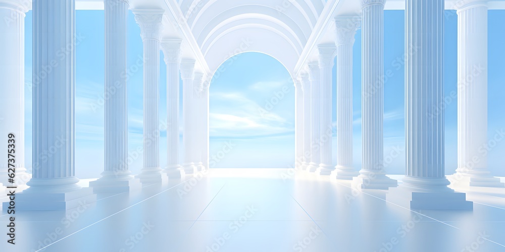 Beautiful airy widescreen minimalistic white and light blue architectural background banner with tilted columns