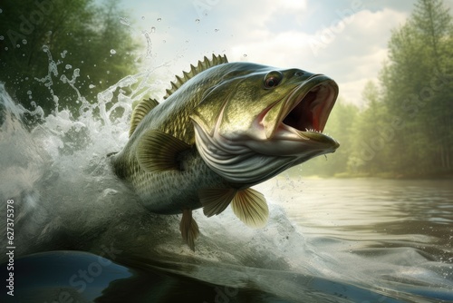 Bass Jumping out of water on lake photo