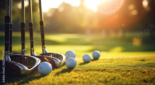 Golf balls on the golf course with golf clubs ready for golf in the first short.