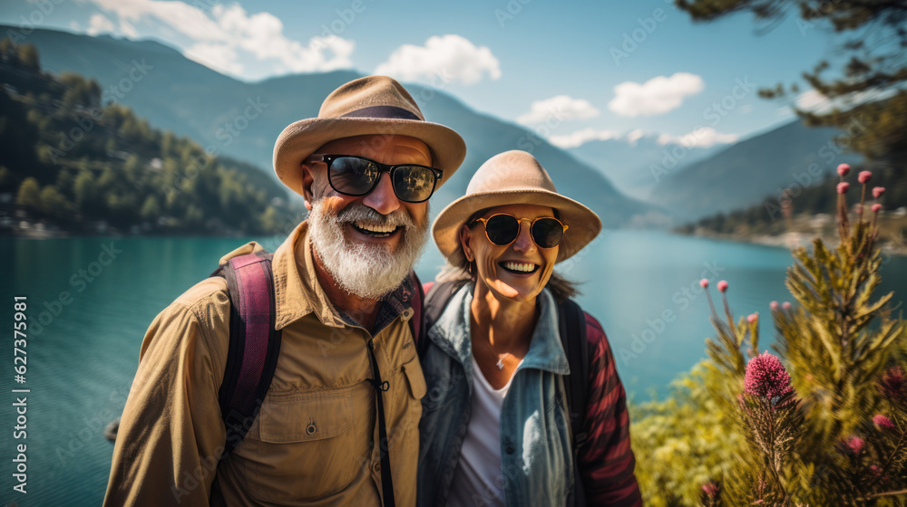 Obraz premium smile of tourist. senior couple Looking Up to tourist attraction moutains and lake view background. 