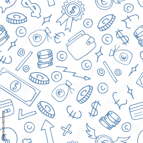 Hand drawn seamless pattern with business and finance elements. Investment. Doodle, sketch style. Money background