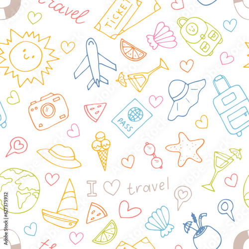 Hand drawn seamless pattern with travel icons. Summer vacation. Doodle, sketch. Traveling, holidays, relaxation