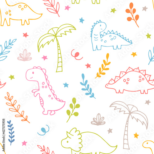 Сhildish seamless pattern with dinosaurs. Cute background. Print with dinosaur for baby textile and fabric. Dino