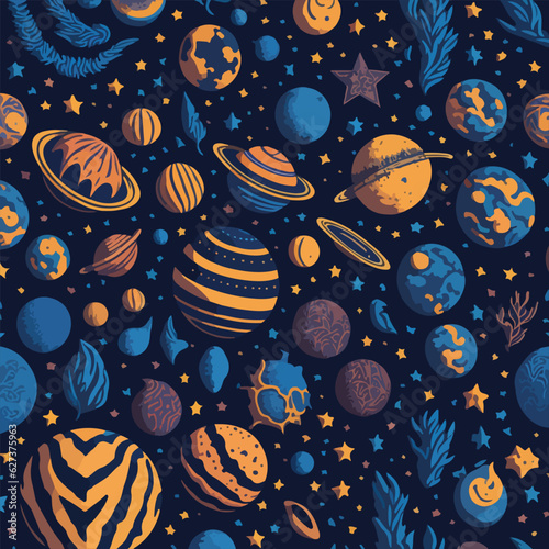 Space planets seamless pattern. cosmic night sky seamless patterns. hand drawn space background