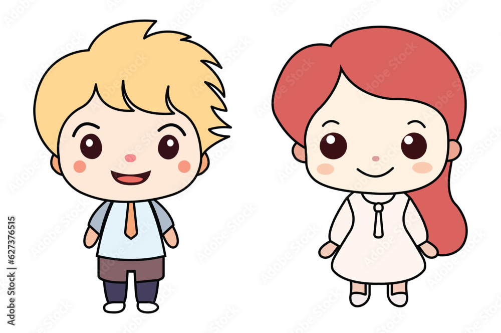 Girl and boy in cartoon style. Cheerful children on isolated background. Vector illustration Girl and boy in cartoon style. Cheerful children on isolated background. Vector illustration
